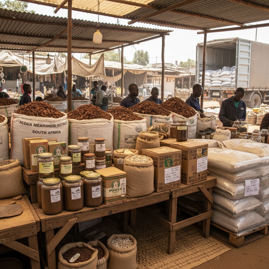 Image of a variety of South African wattle bark extract shown in an African marketplace setting where the products are on display as well as in readiness for bulk wholesale export